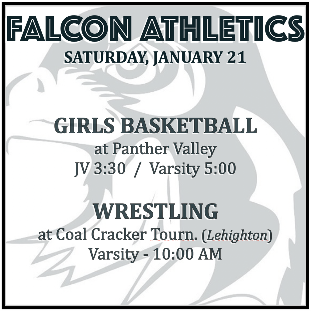 GIRLS BASKETBALL at Panther Valley: JV 3:30, Varsity 5:00.  WRESTLING at Coal Cracker Tournament (at Lehighton):  Varsity 10:00.