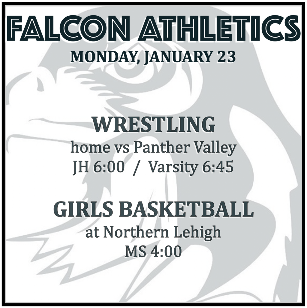 WRESTLING home vs Panther Valley:  JH 6:00, Varsity 6:45.  GIRLS BASKETBALL at Northern Lehigh:  MS 4:00. 