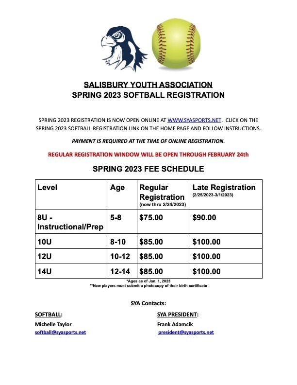 SYA Softball Registration Information!